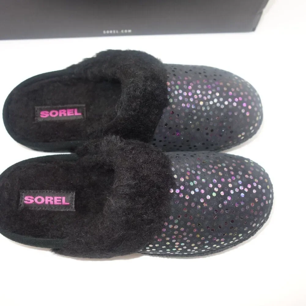 NEW Sorel Nariska Slide II Black Sparkle Slippers Fleece Lined Kids Girls Size 4